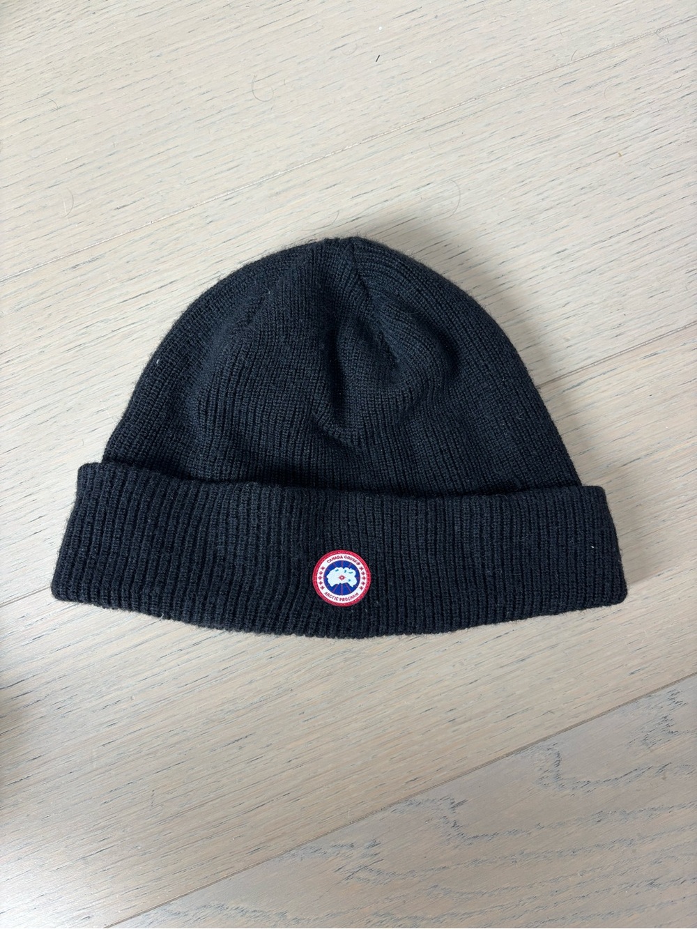 Canada Goose Black Ribbed Knit Cuffed Beanie with Logo Patch